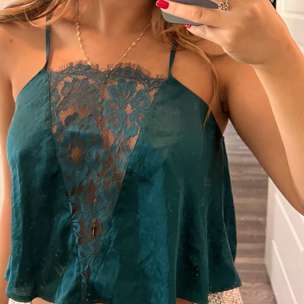 Free people green top with lace and open back